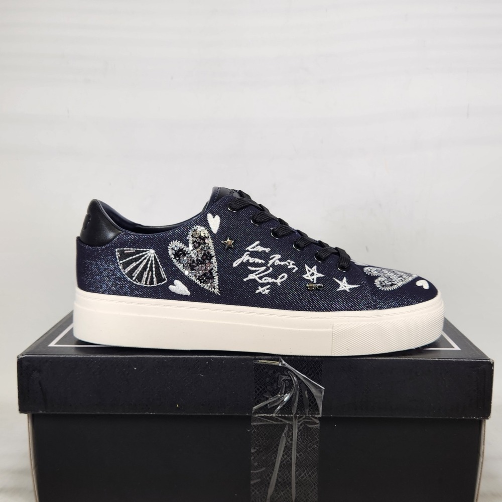 Karl Lagerfeld Cate Ikonic Sneakers Women Size 8 Navy Denim Sequin Embroidered